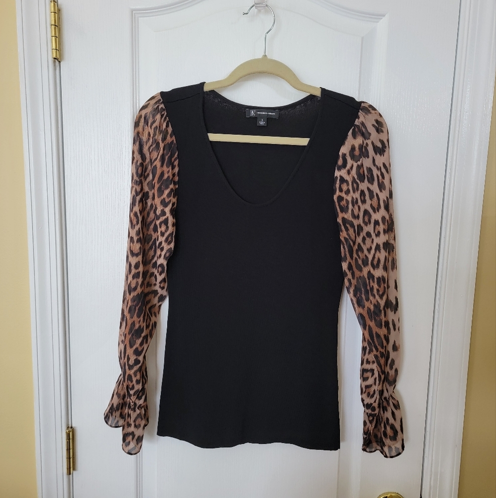 INC Black Leopard Print Sleeve Women's Top